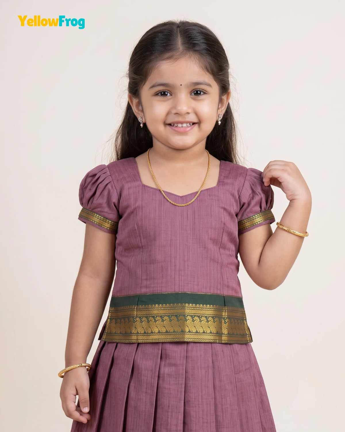Girls Mauve & Green Kalyani Cotton Pattu Puff Sleeve Pavadai Set PPP2151