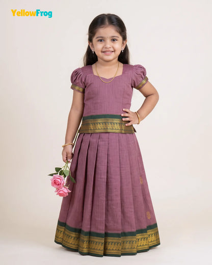 Girls Mauve & Green Kalyani Cotton Pattu Puff Sleeve Pavadai Set PPP2151