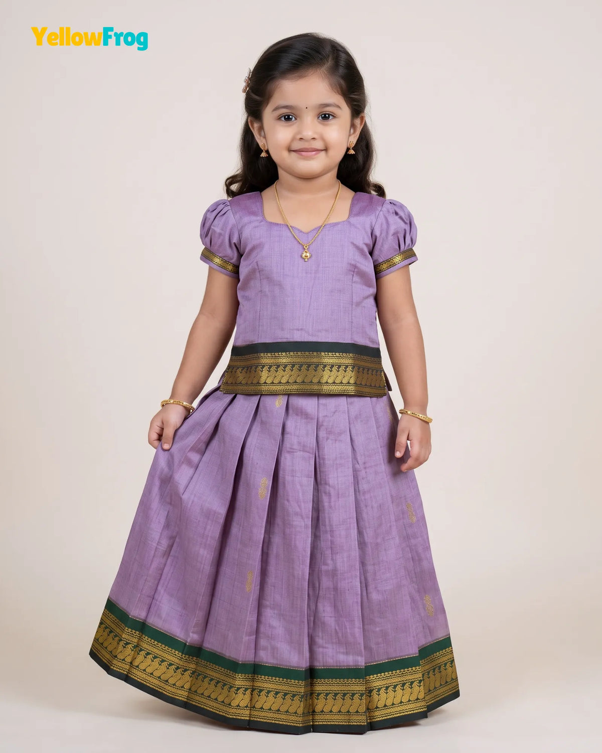 Girls Lilac Kalyani Cotton Pattu Puff Sleeve Pavadai Set PPP2149