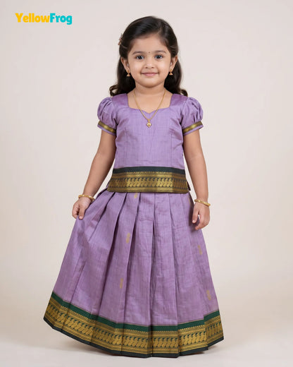 Girls Lilac Kalyani Cotton Pattu Puff Sleeve Pavadai Set PPP2149