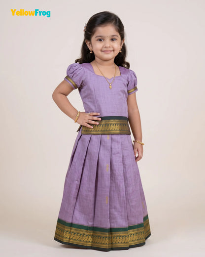 Girls Lilac Kalyani Cotton Pattu Puff Sleeve Pavadai Set PPP2149