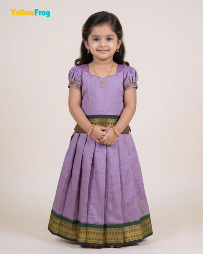 Girls Lilac Kalyani Cotton Pattu Puff Sleeve Pavadai Set PPP2149
