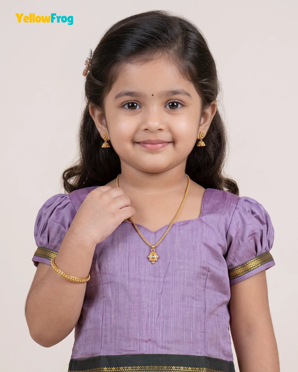 Girls Lilac Kalyani Cotton Pattu Puff Sleeve Pavadai Set PPP2149