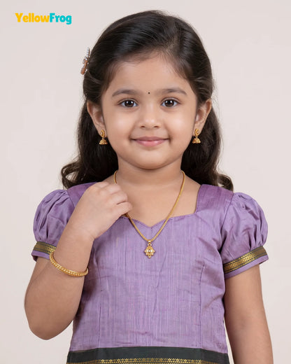 Girls Lilac Kalyani Cotton Pattu Puff Sleeve Pavadai Set PPP2149