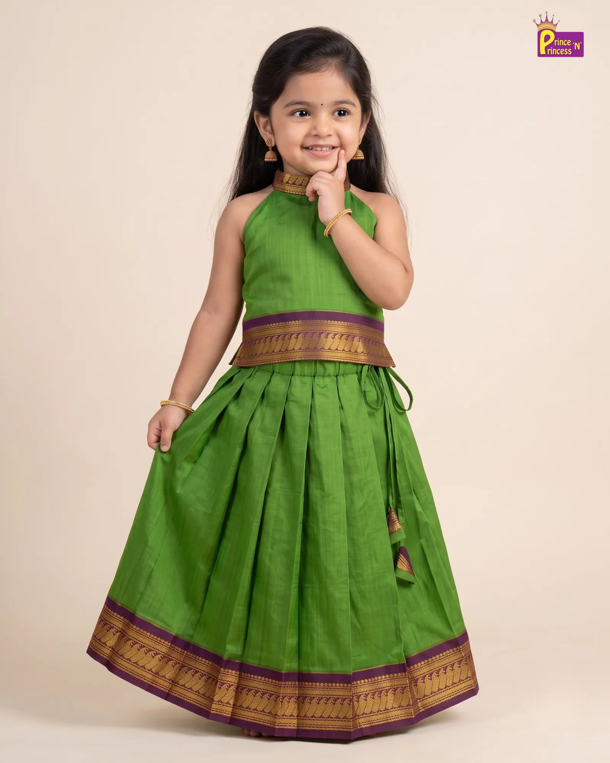Girls Parrot Green Kalyani Cotton Halter Neck Pattu Pavadai PPP2190