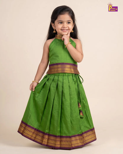 Girls Parrot Green Kalyani Cotton Halter Neck Pattu Pavadai PPP2190