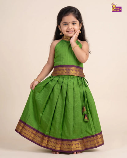 Girls Parrot Green Kalyani Cotton Halter Neck Pattu Pavadai PPP2190