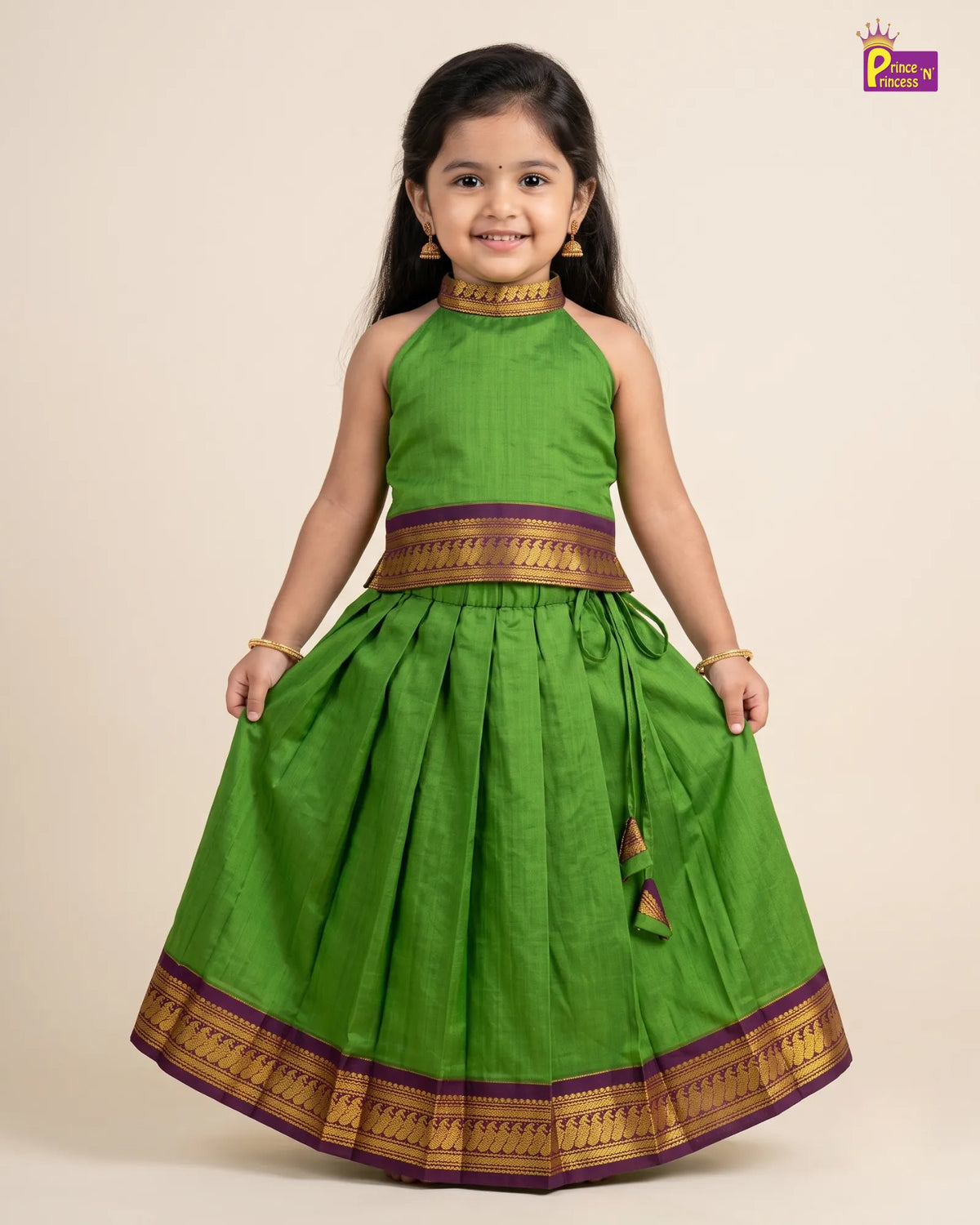 Girls Parrot Green Kalyani Cotton Halter Neck Pattu Pavadai PPP2190