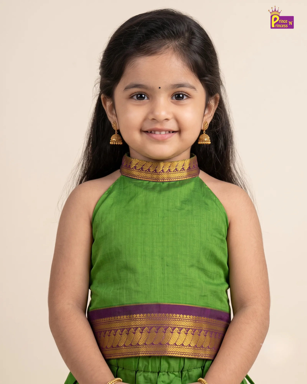Girls Parrot Green Kalyani Cotton Halter Neck Pattu Pavadai PPP2190