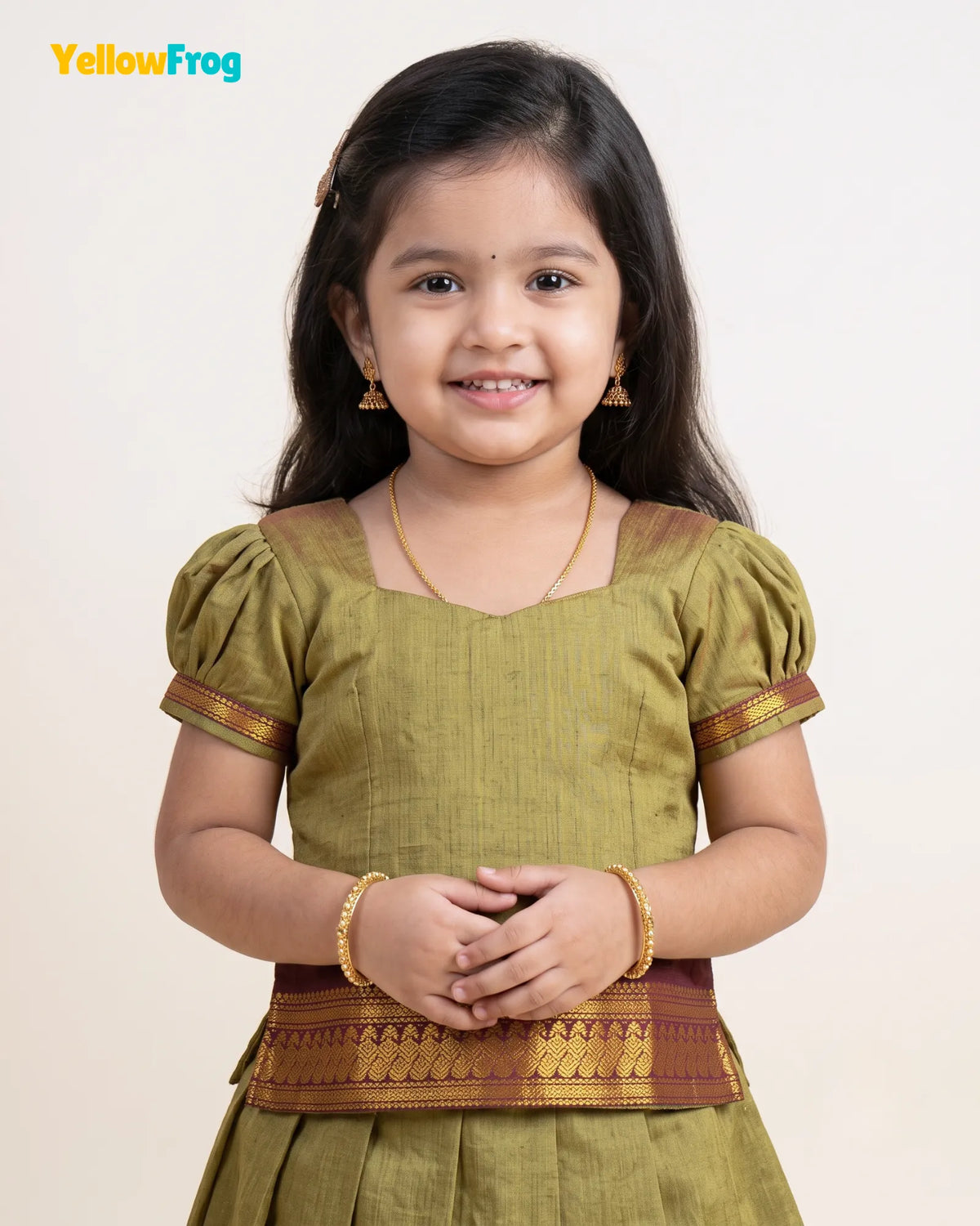Girls Olive Green Kalyani Cotton Pattu Pavadai Set  PPP2163