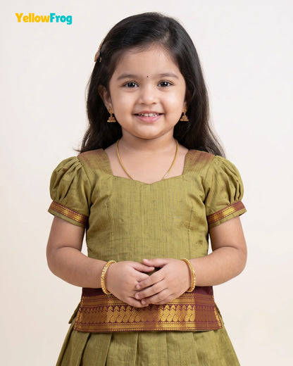 Girls Olive Green Kalyani Cotton Pattu Pavadai Set  PPP2163