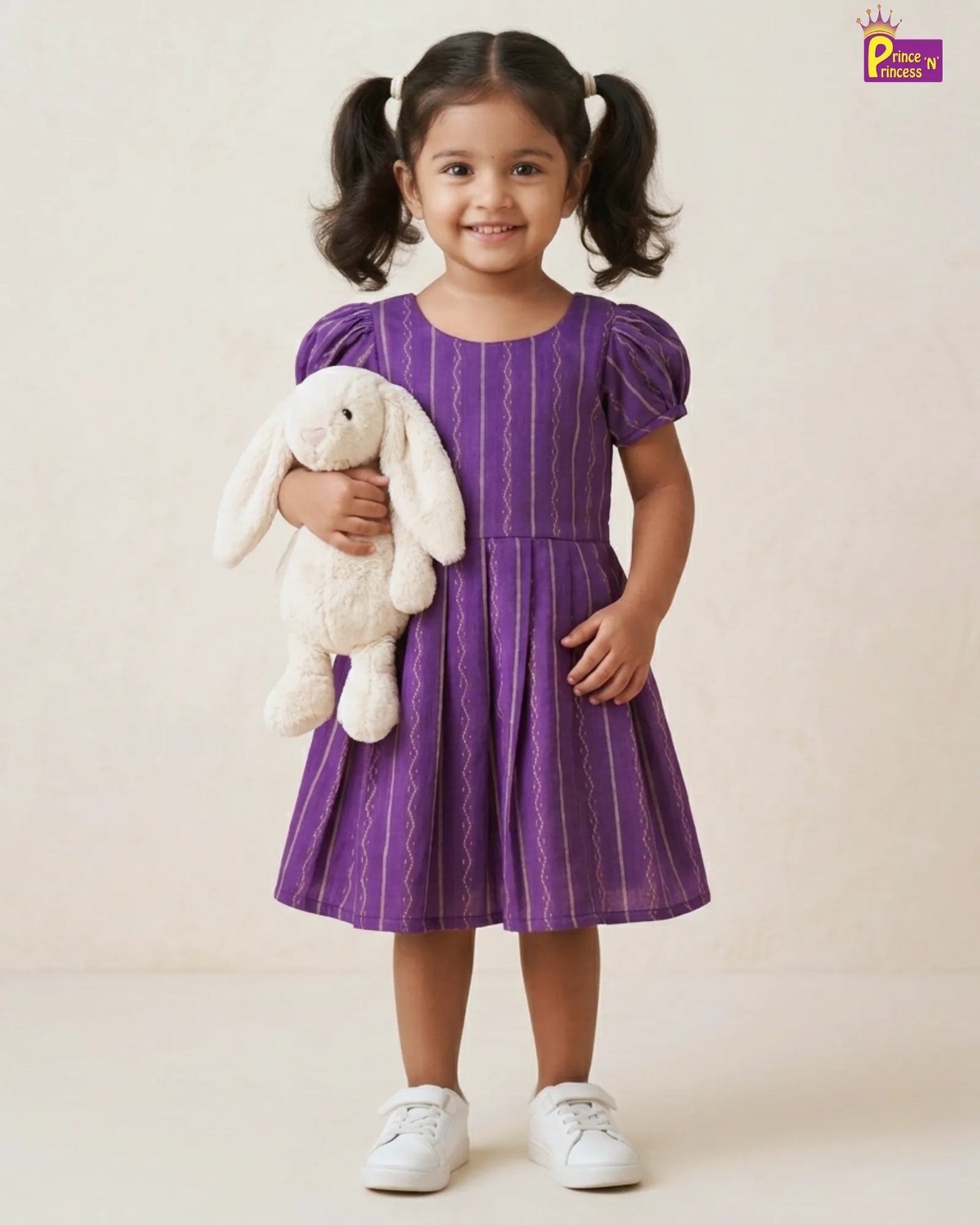 Young girl in a purple dress holding a white stuffed bunny toy on a plain background