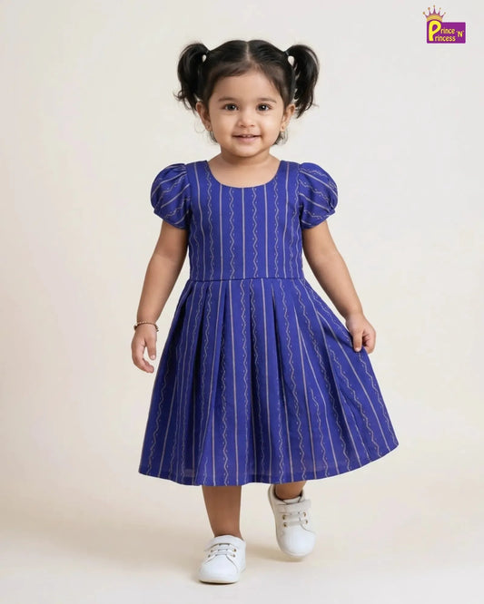 Girls Royal Blue Striped Cotton Puff Sleeve Frock – Soft Everyday Dress CF431
