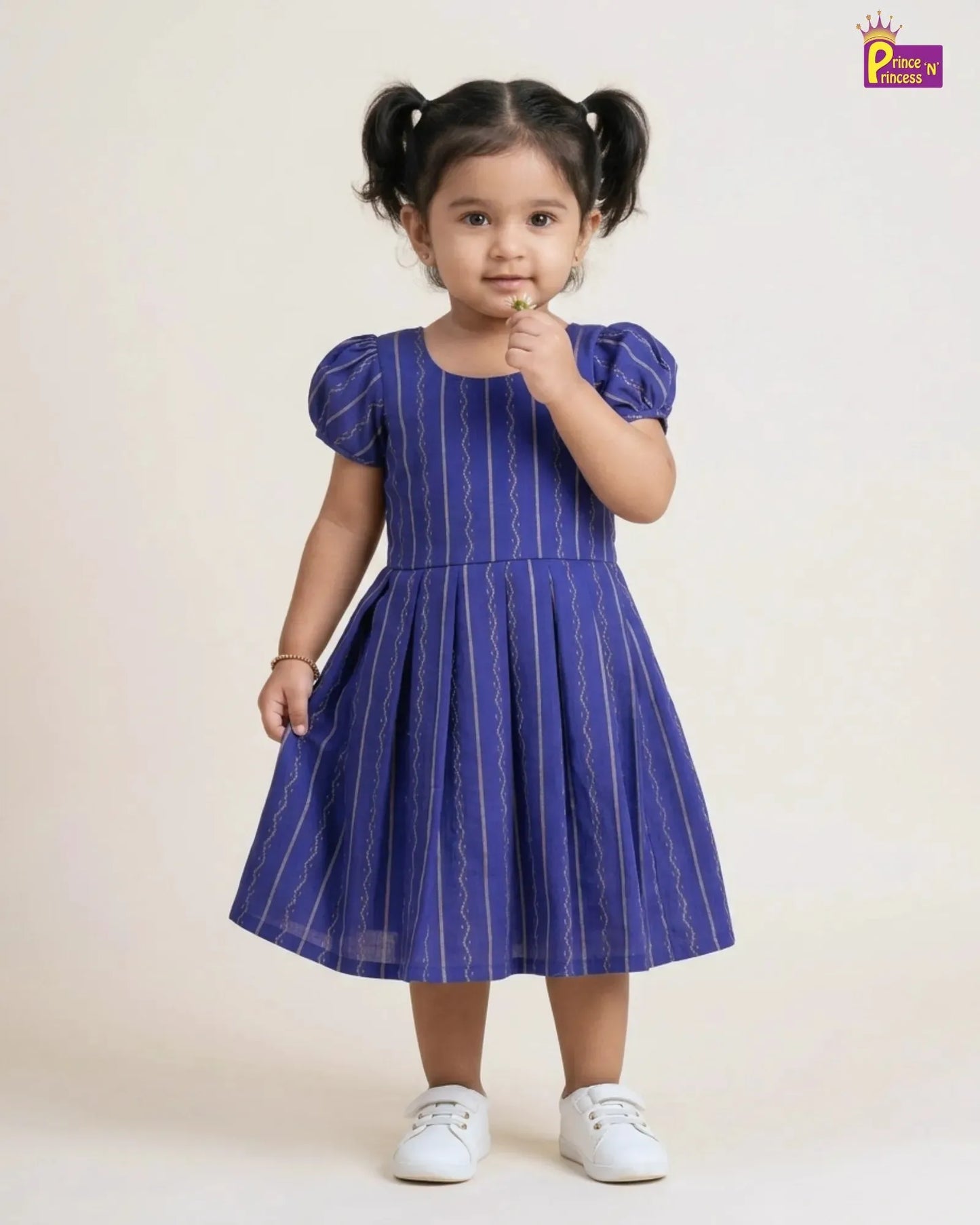 Girls Royal Blue Striped Cotton Puff Sleeve Frock – Soft Everyday Dress CF431
