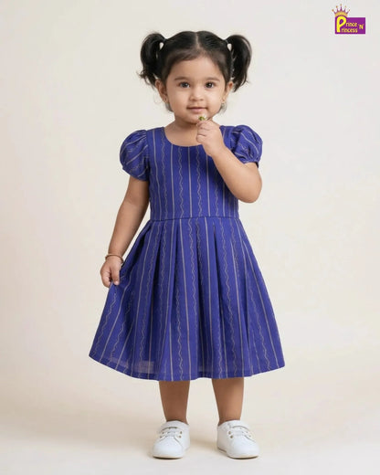 Girls Royal Blue Striped Cotton Puff Sleeve Frock – Soft Everyday Dress CF431