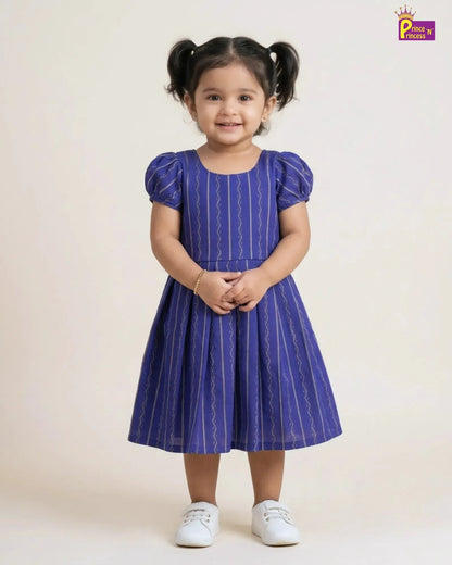 Girls Royal Blue Striped Cotton Puff Sleeve Frock – Soft Everyday Dress CF431