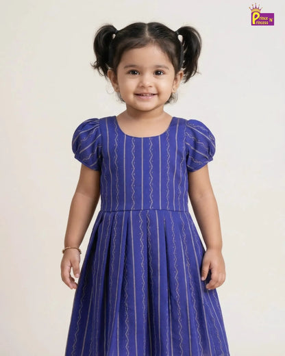 Girls Royal Blue Striped Cotton Puff Sleeve Frock – Soft Everyday Dress CF431