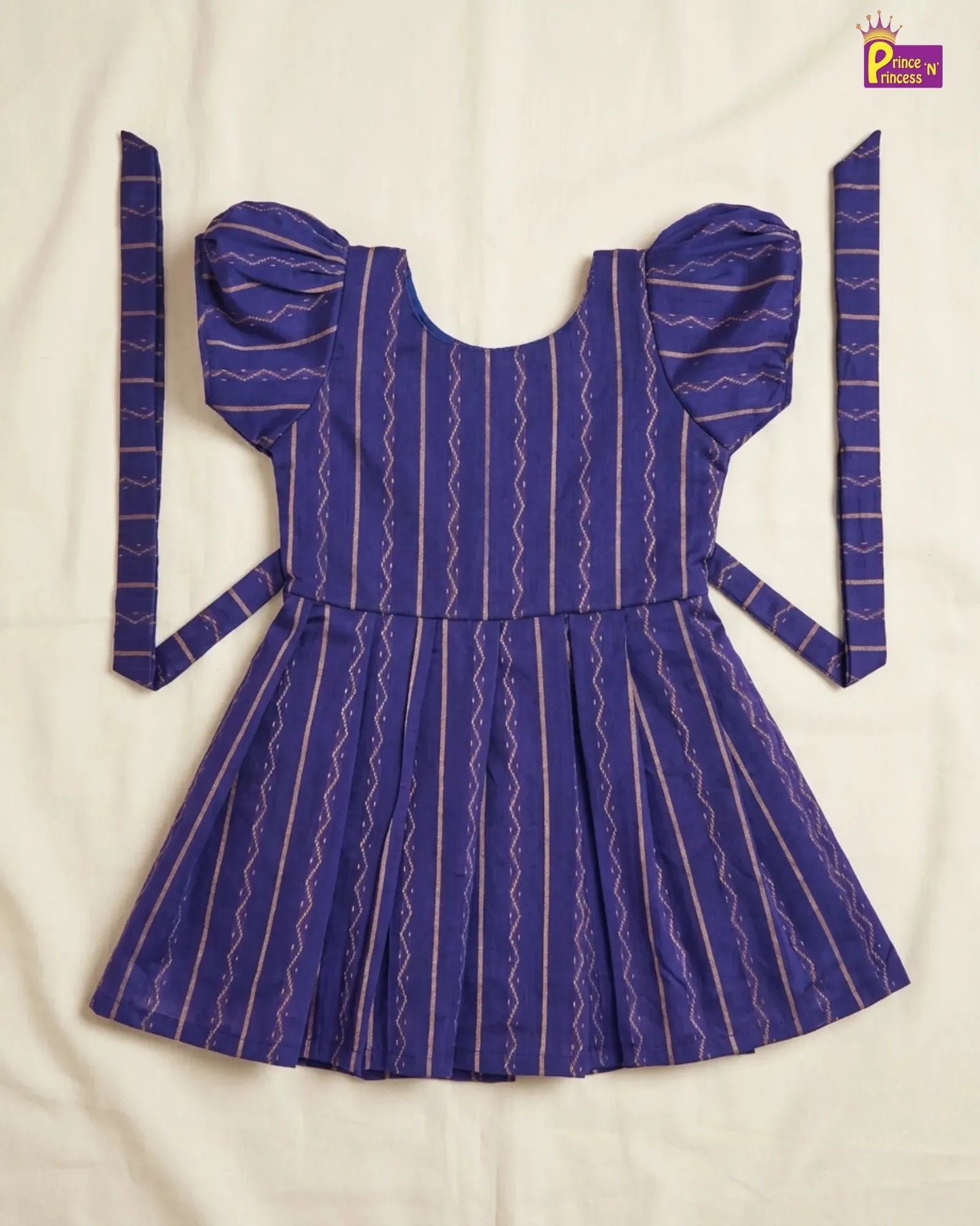 Girls Royal Blue Striped Cotton Puff Sleeve Frock – Soft Everyday Dress CF431