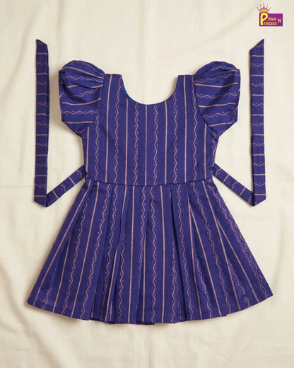 Girls Royal Blue Striped Cotton Puff Sleeve Frock – Soft Everyday Dress CF431