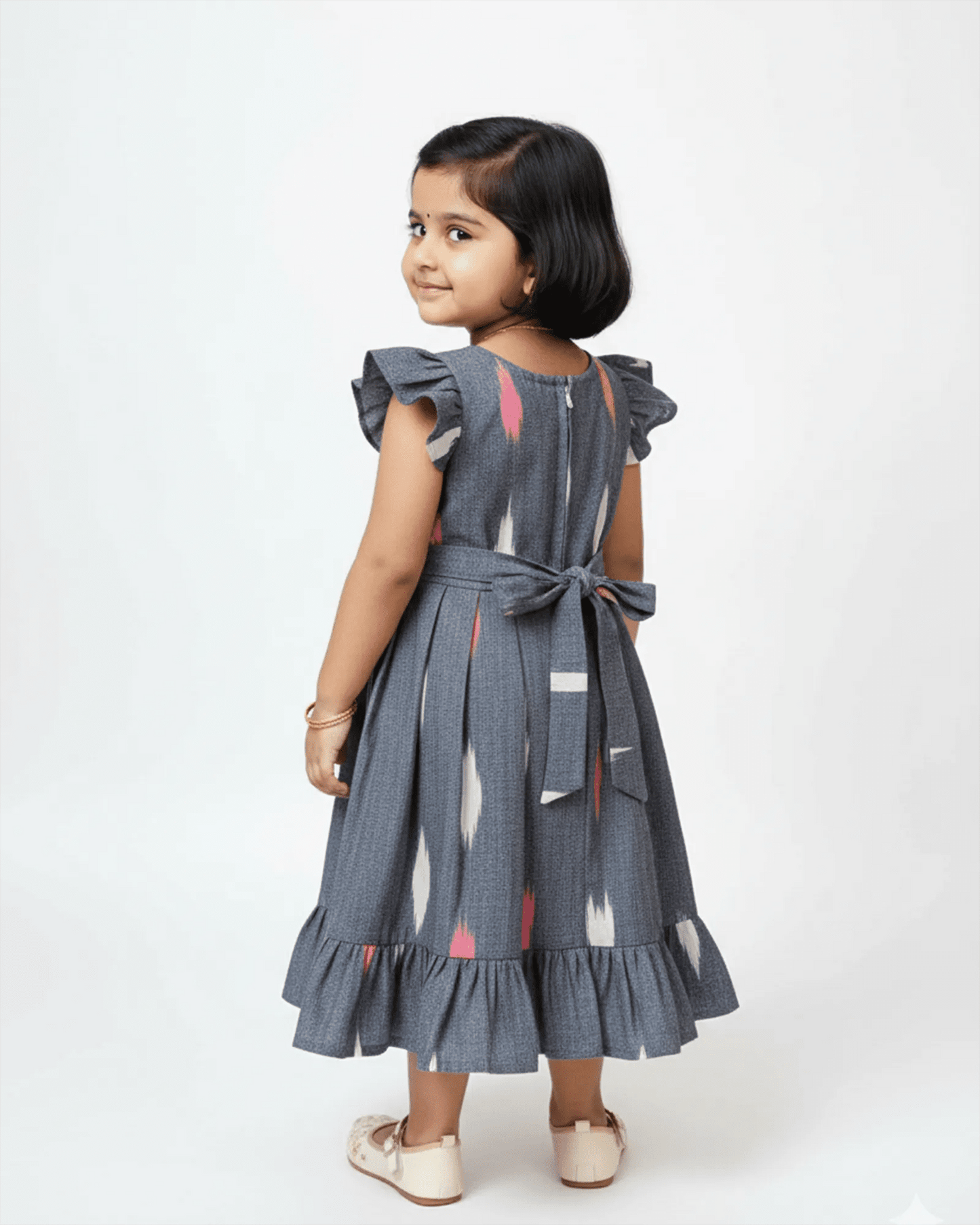 Kids Grey Ikkat Cotton Frock CF389
