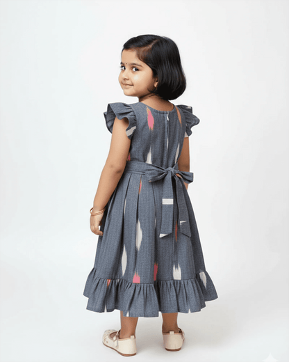 Kids Grey Ikkat Cotton Frock CF389