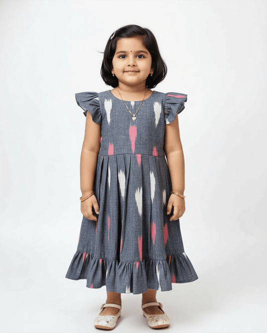 Kids Grey Ikkat Cotton Frock CF389