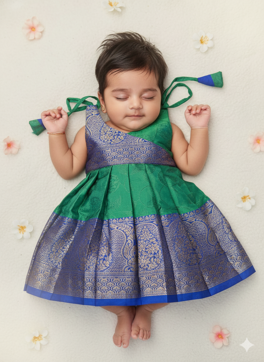 New Born Blue & Green Raw Silk Frock LF1673