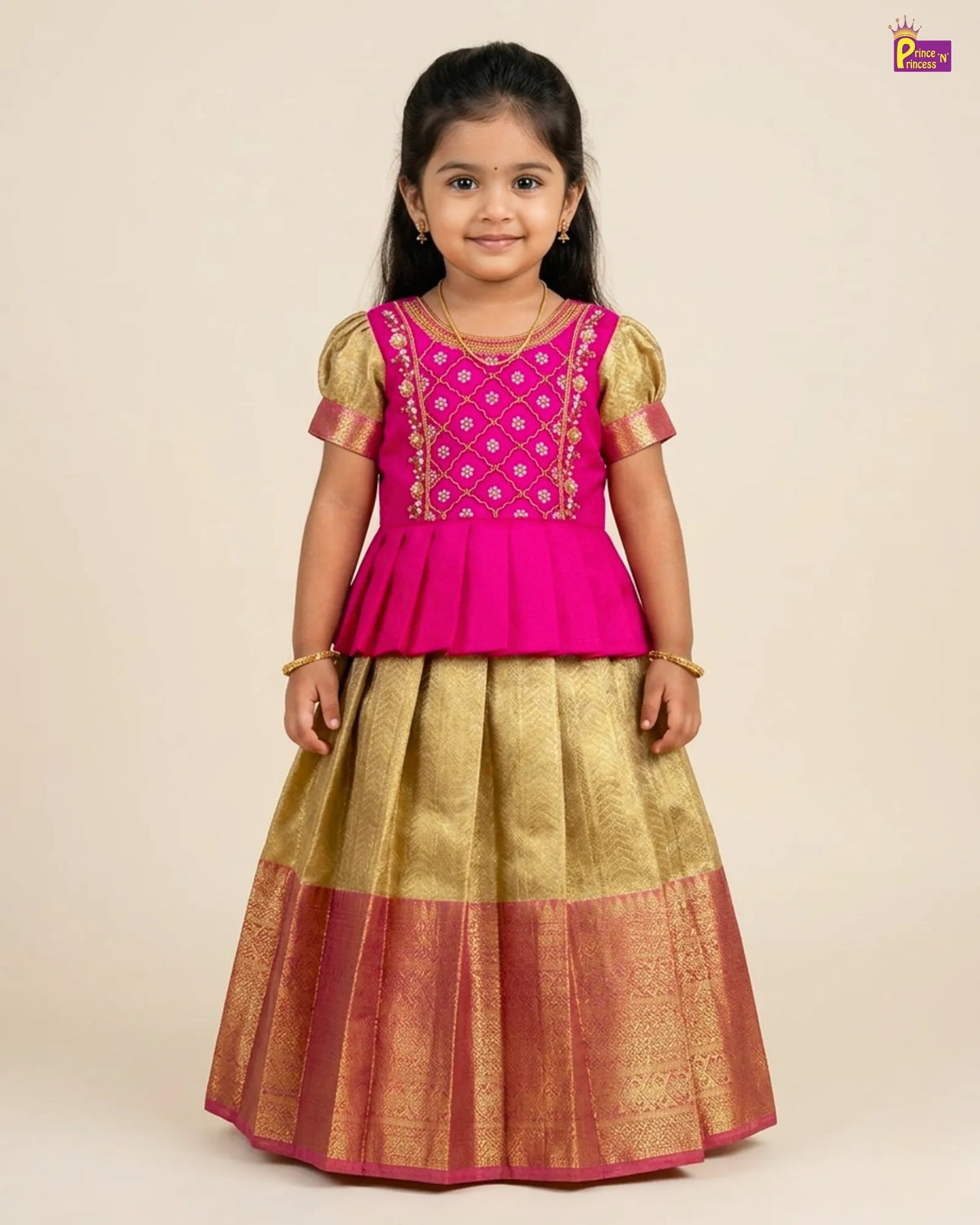 Kids Pink With Golden Yellow Traditional Pattupavadai PPP1833