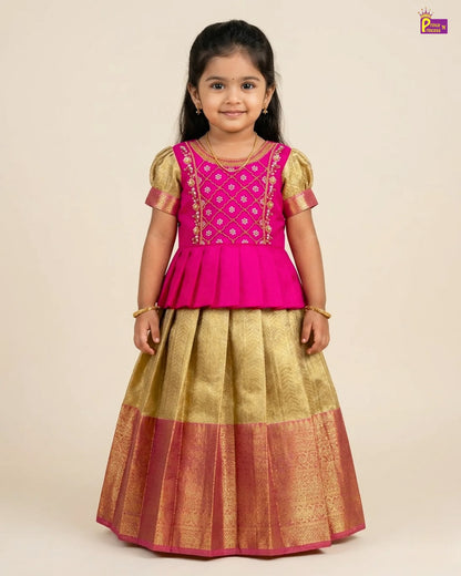 Kids Pink With Golden Yellow Traditional Pattupavadai PPP1833