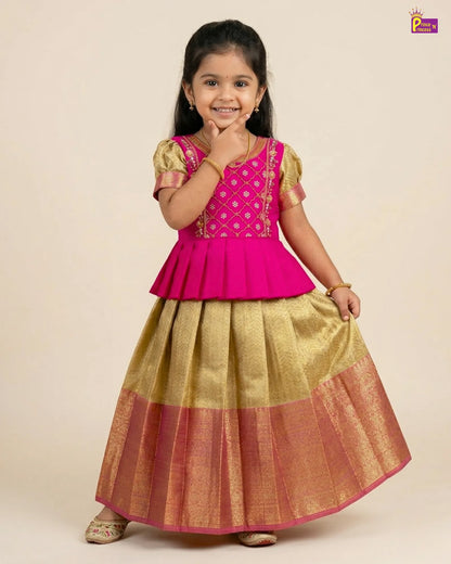 Kids Pink With Golden Yellow Traditional Pattupavadai PPP1833