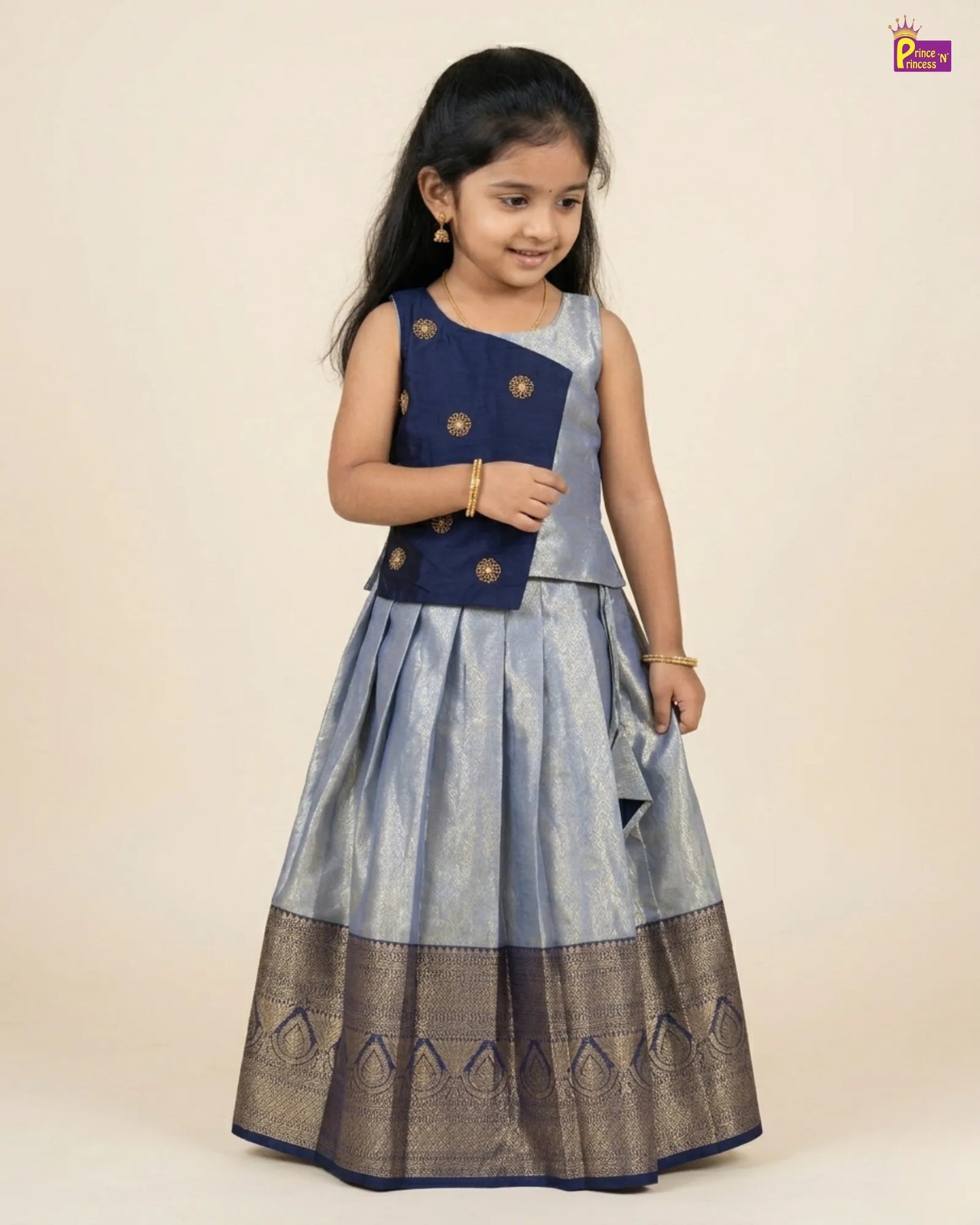 Kids Dark Navy Blue With Silvery Blue Traditional Aari Work Pattupavadai PPP1926