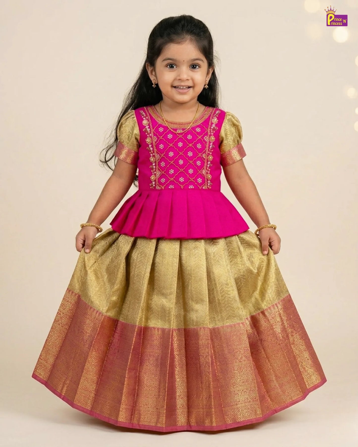 Kids Pink With Golden Yellow Traditional Pattupavadai PPP1833