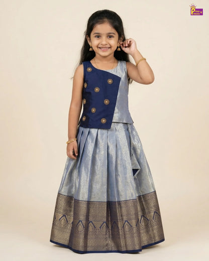 Kids Dark Navy Blue With Silvery Blue Traditional Aari Work Pattupavadai PPP1926