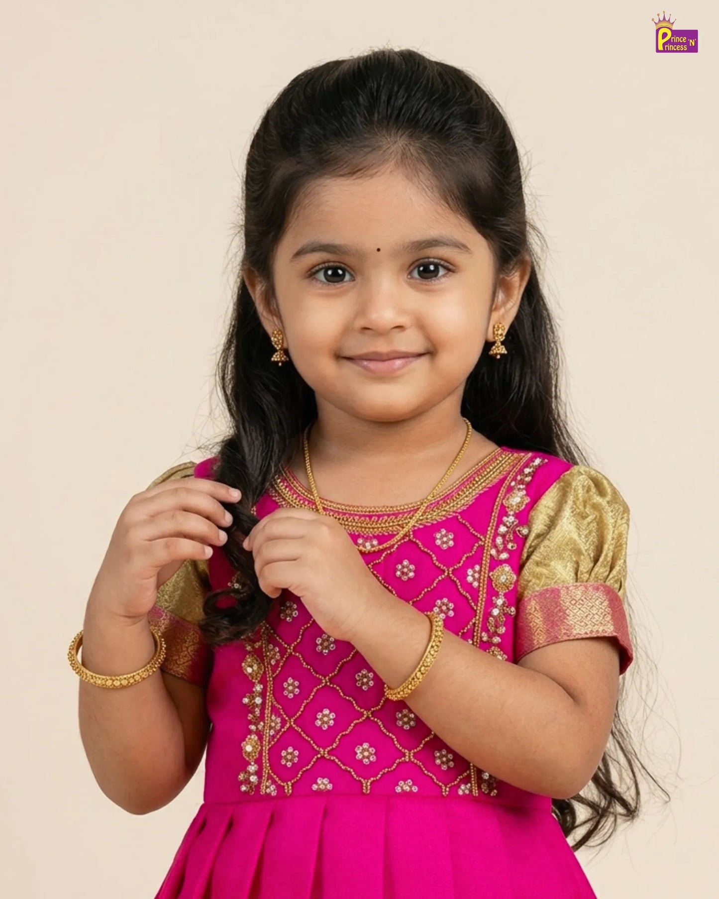 Kids Pink With Golden Yellow Traditional Pattupavadai PPP1833
