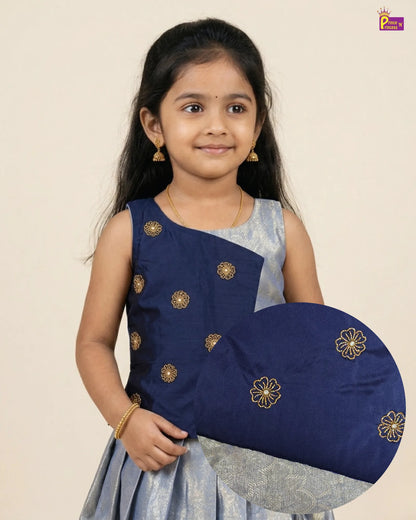 Kids Dark Navy Blue With Silvery Blue Traditional Aari Work Pattupavadai PPP1926