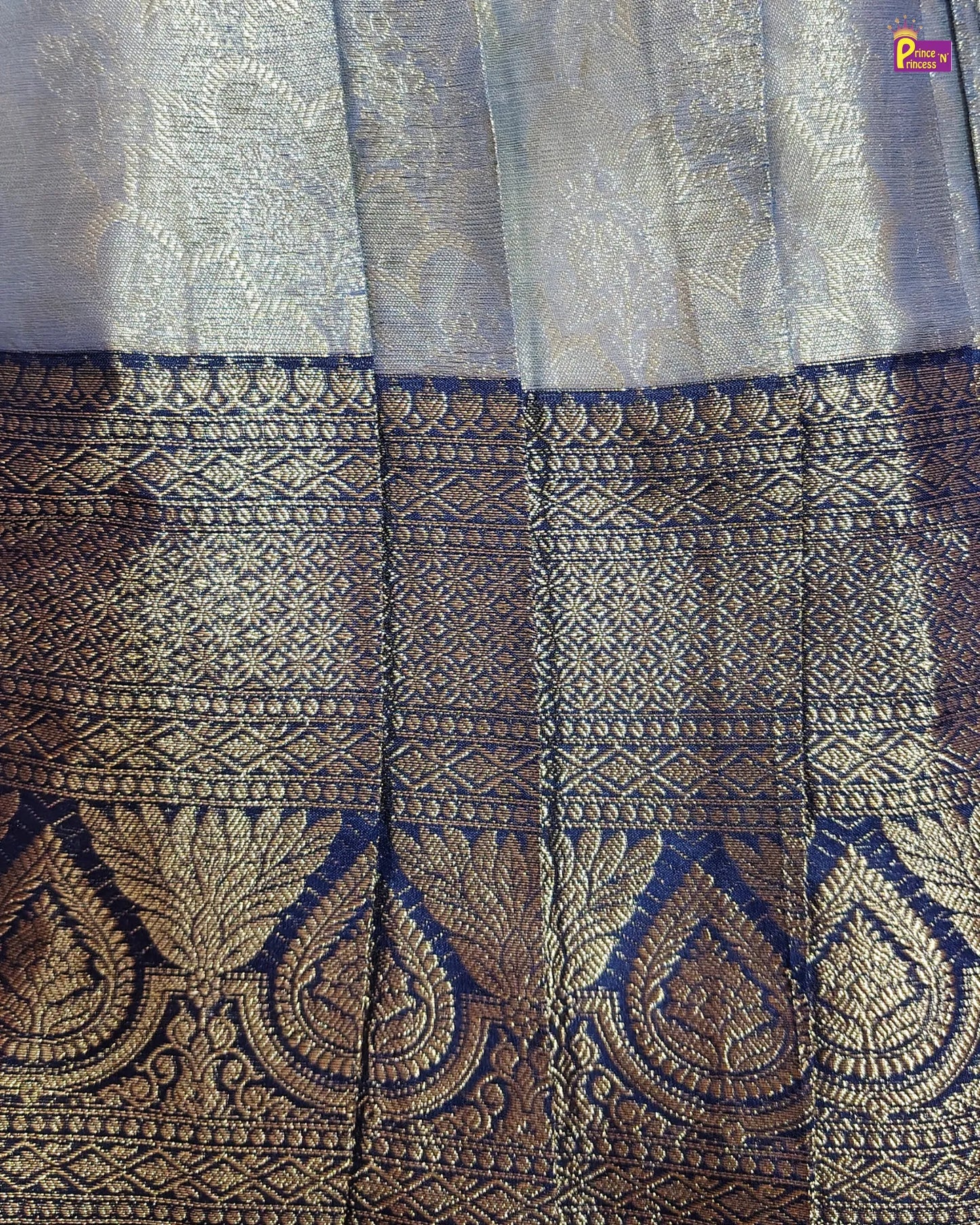 Kids Dark Navy Blue With Silvery Blue Traditional Aari Work Pattupavadai PPP1926