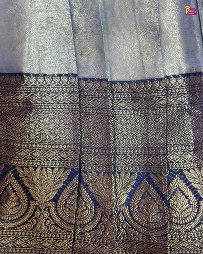 Kids Dark Navy Blue With Silvery Blue Traditional Aari Work Pattupavadai PPP1926