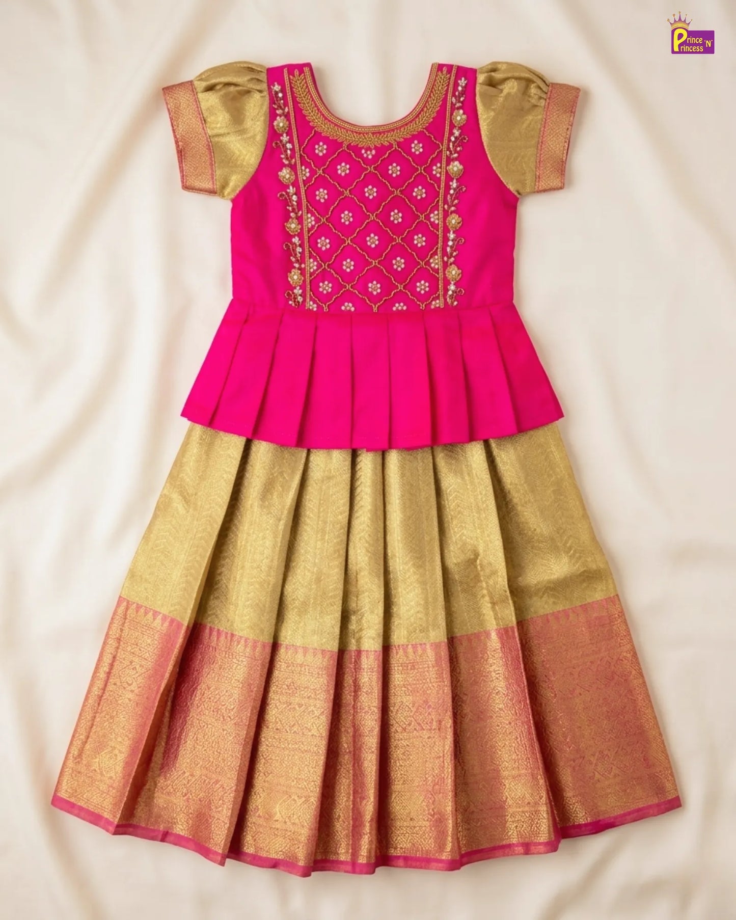 Kids Pink With Golden Yellow Traditional Pattupavadai PPP1833