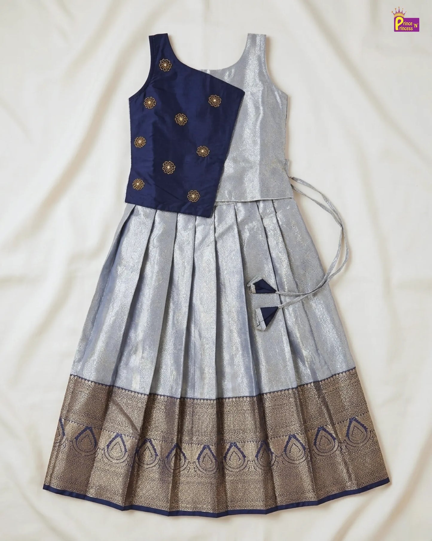Kids Dark Navy Blue With Silvery Blue Traditional Aari Work Pattupavadai PPP1926