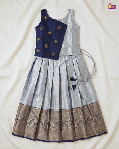 Kids Dark Navy Blue With Silvery Blue Traditional Aari Work Pattupavadai PPP1926