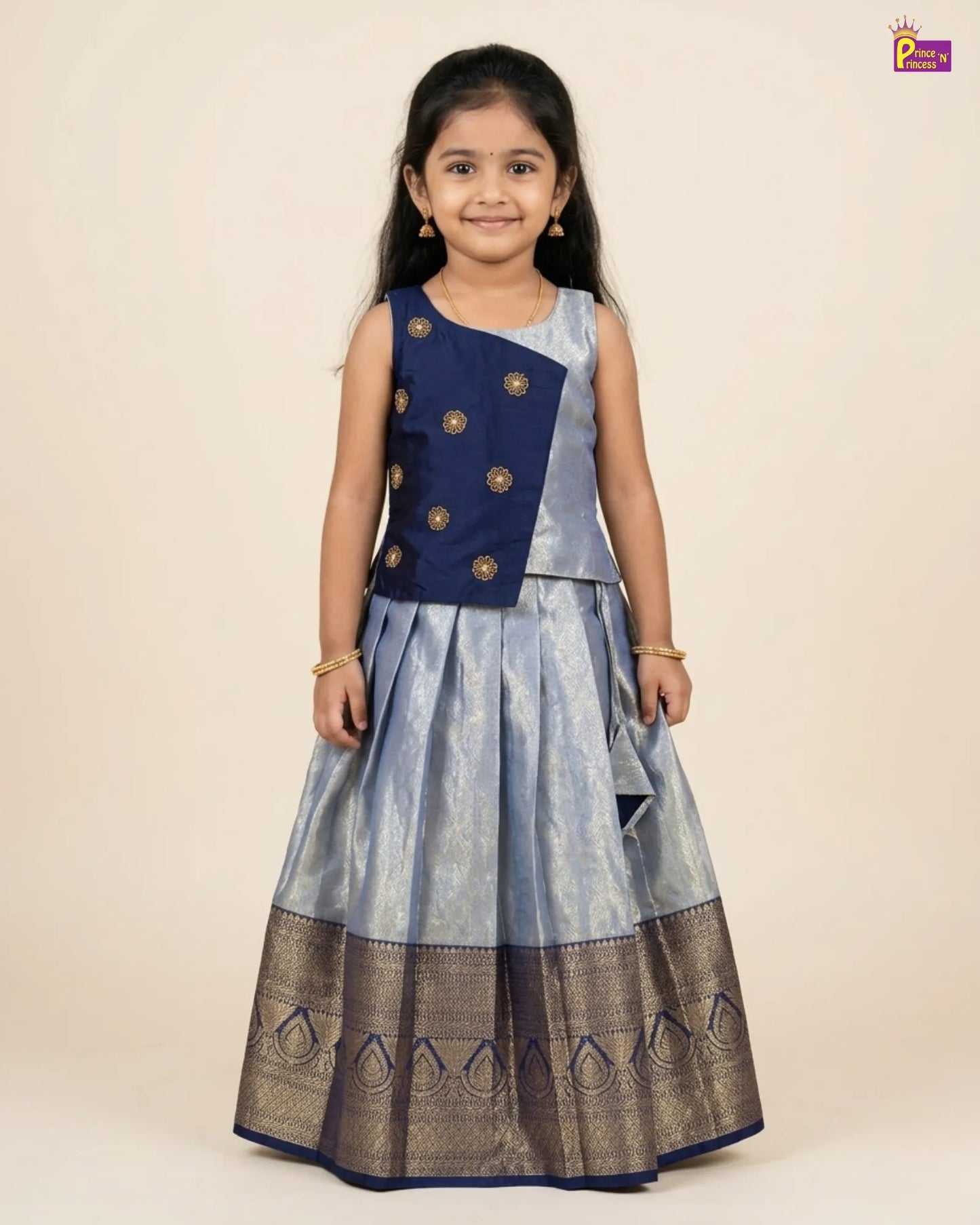 Kids Dark Navy Blue With Silvery Blue Traditional Aari Work Pattupavadai PPP1926