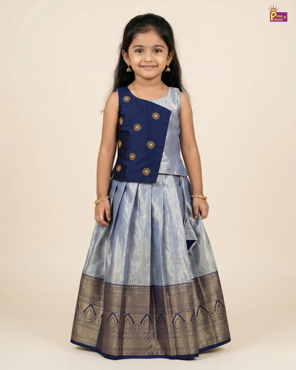 Kids Dark Navy Blue With Silvery Blue Traditional Aari Work Pattupavadai PPP1926