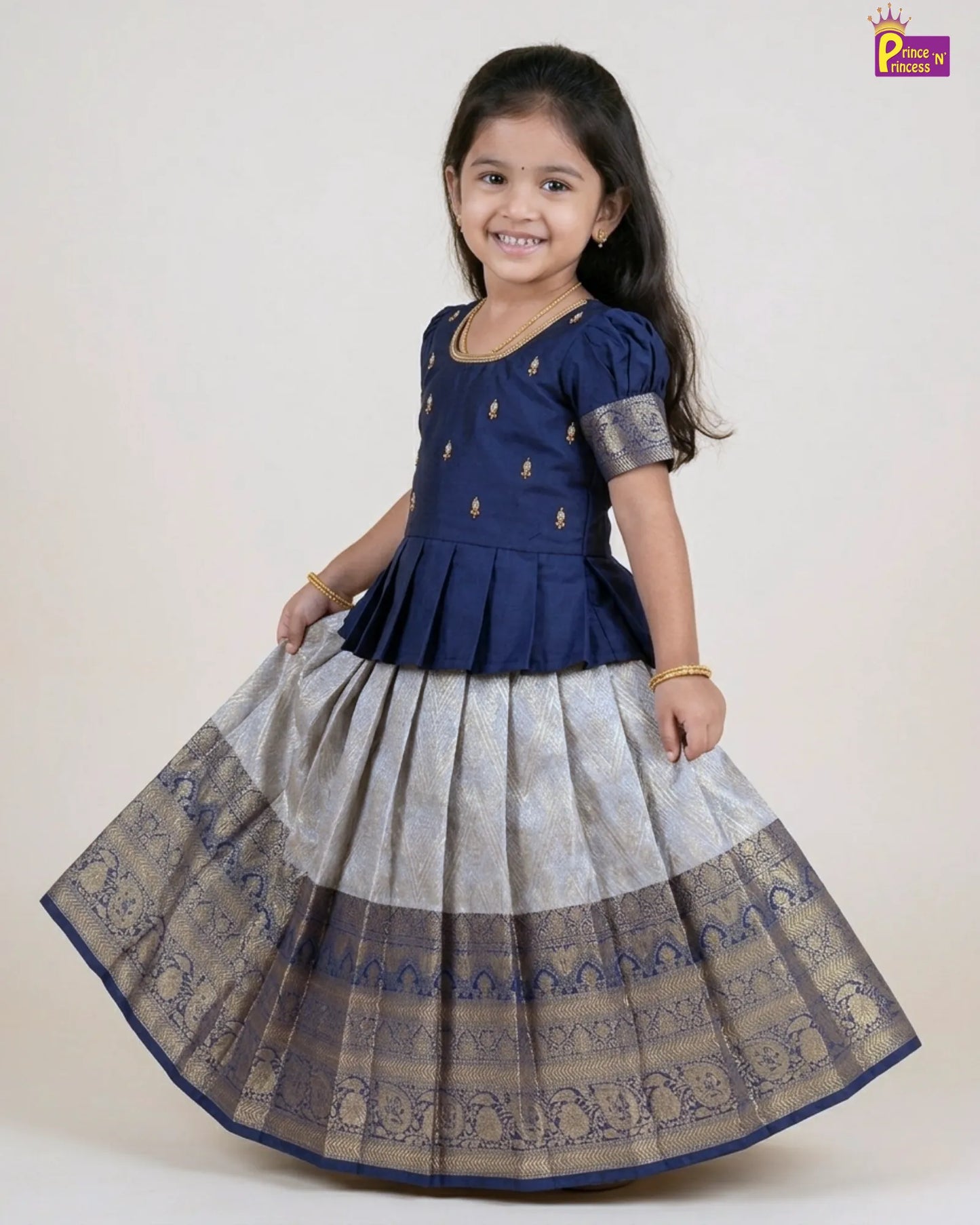 Kids Dark Blue Traditional Aari Work Pattupavadai PPP1861