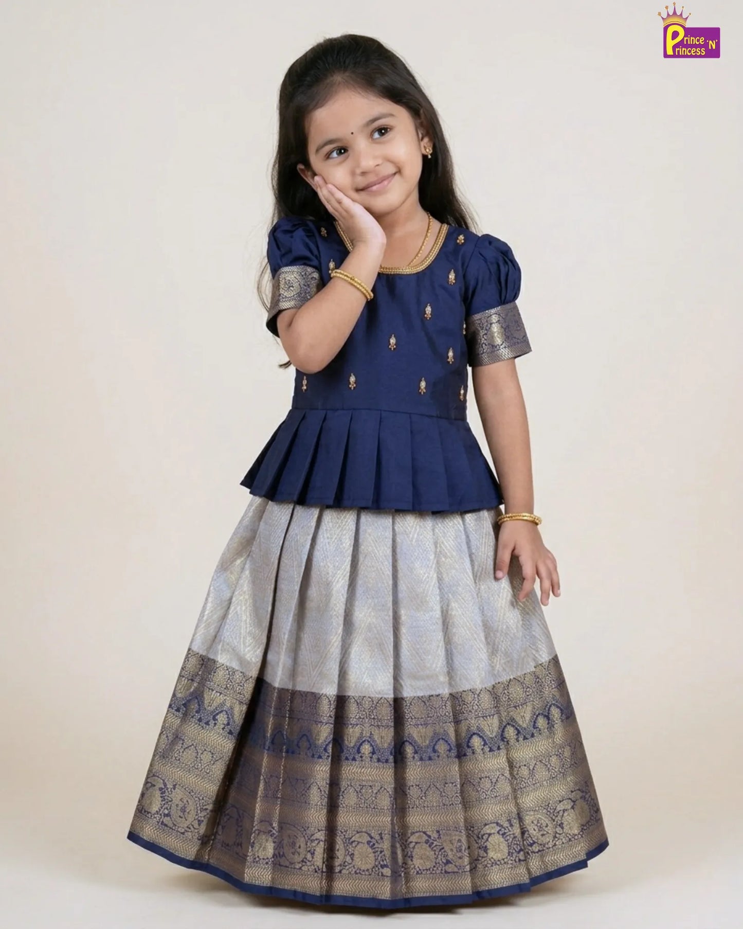 Kids Dark Blue Traditional Aari Work Pattupavadai PPP1861