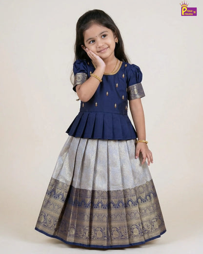Kids Dark Blue Traditional Aari Work Pattupavadai PPP1861