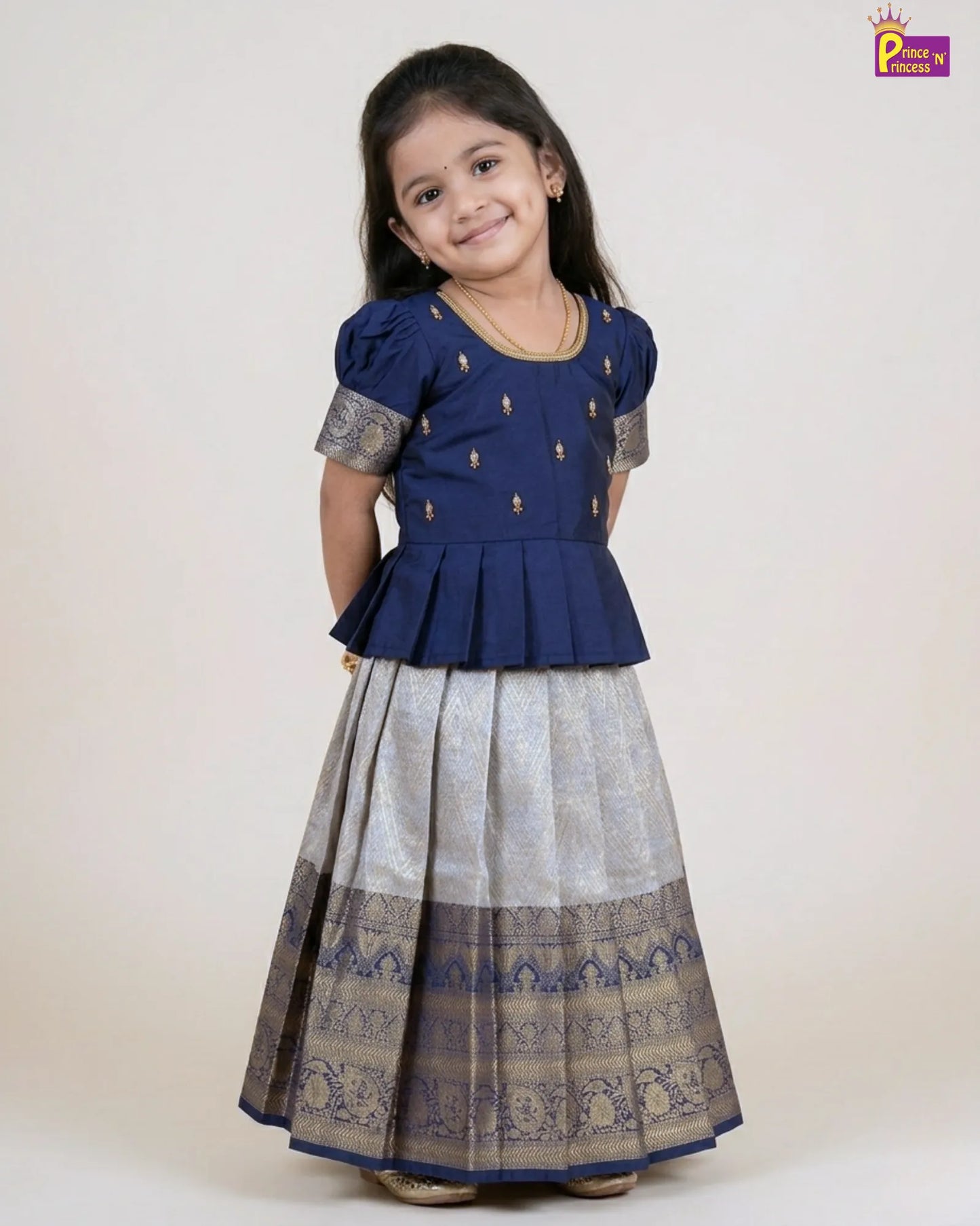Kids Dark Blue Traditional Aari Work Pattupavadai PPP1861