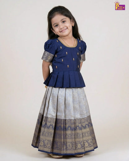 Kids Dark Blue Traditional Aari Work Pattupavadai PPP1861
