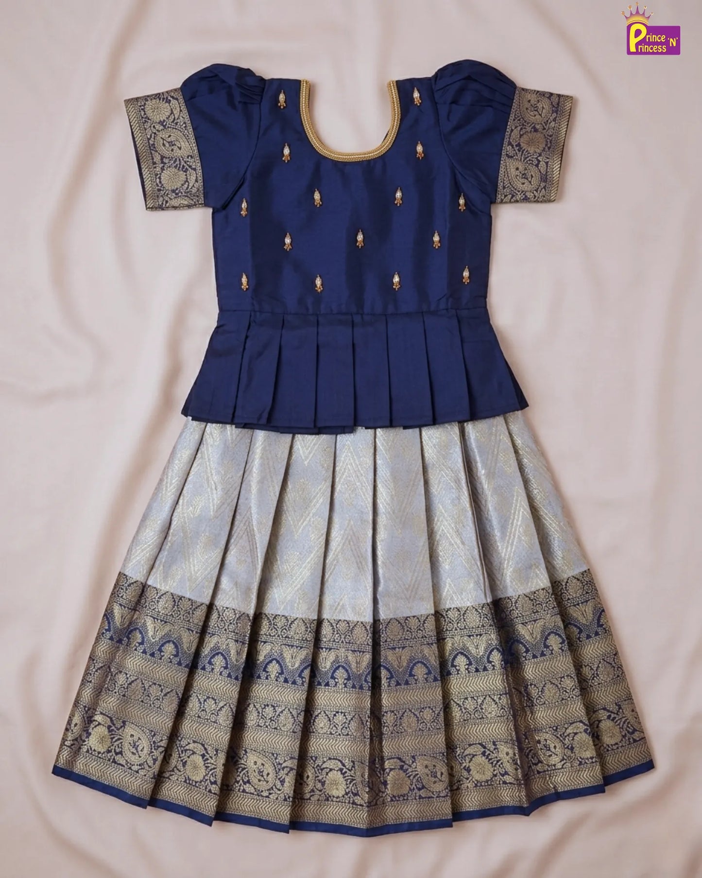 Kids Dark Blue Traditional Aari Work Pattupavadai PPP1861