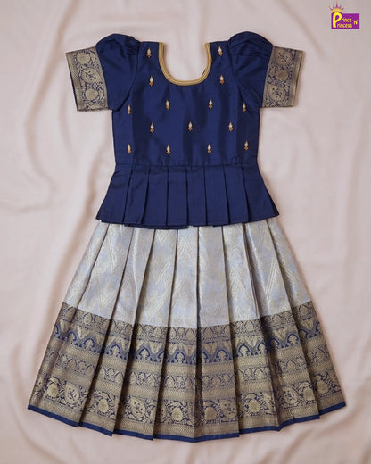 Kids Dark Blue Traditional Aari Work Pattupavadai PPP1861