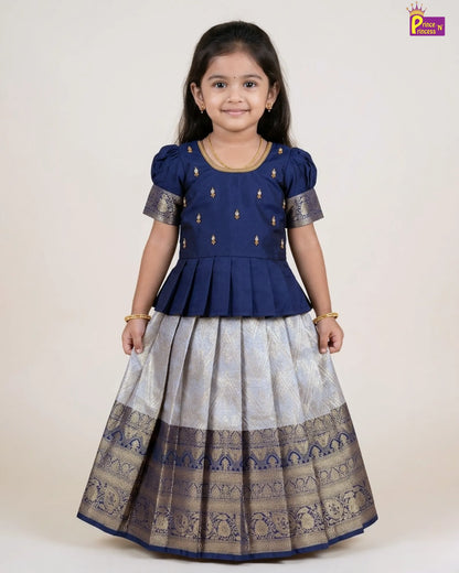 Kids Dark Blue Traditional Aari Work Pattupavadai PPP1861